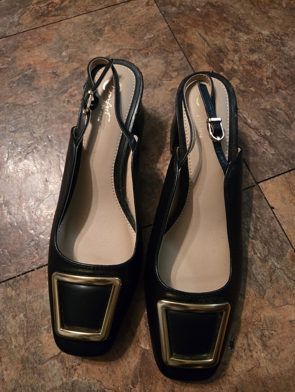 Cato Black Leather Slingback Loafers with Gold Accent